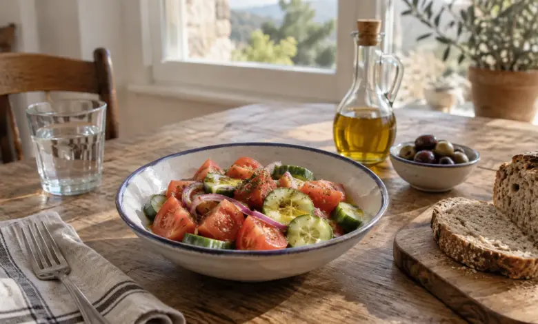 Tomatensalat, Vollkornbrot und Olivenöl auf einem Esstisch [Bildinhalt mit KI erstellt]