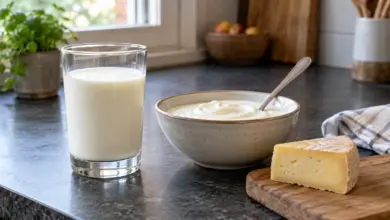 Glas Milch neben Naturjoghurt und einem Stück Käse [Bildinhalt mit KI erstellt]