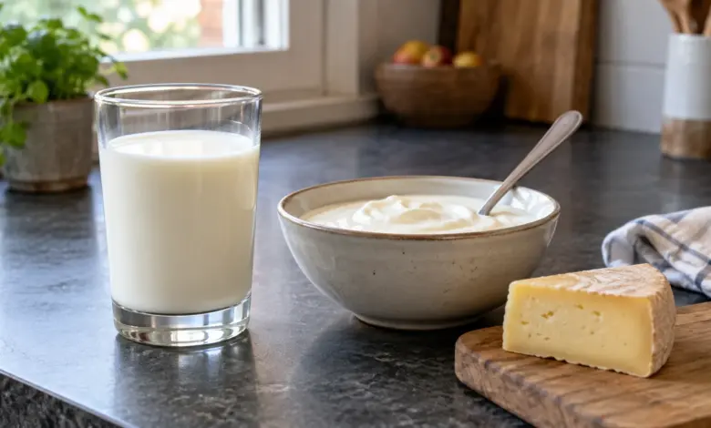 Glas Milch neben Naturjoghurt und einem Stück Käse [Bildinhalt mit KI erstellt]