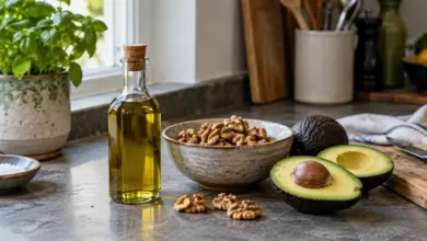 Olivenöl, Walnüsse und Avocado auf einer Küchenarbeitsplatte [Bildinhalt mit KI erstellt]