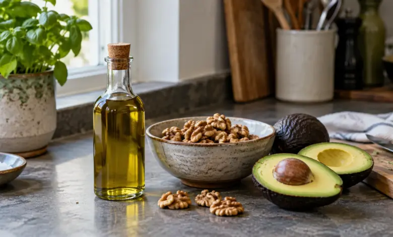 Olivenöl, Walnüsse und Avocado auf einer Küchenarbeitsplatte [Bildinhalt mit KI erstellt]