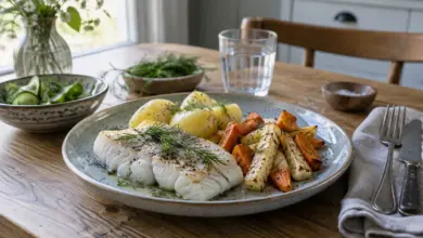 Teller mit gebratenem Fisch, Kartoffeln und Wurzelgemüse [Bildinhalt mit KI erstellt]