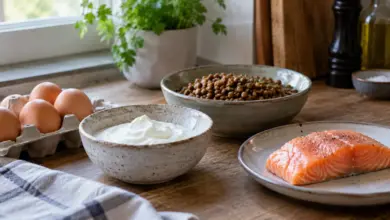 Eier, Quark, Linsen und Fisch auf einer Küchenarbeitsplatte [Bildinhalt mit KI erstellt]