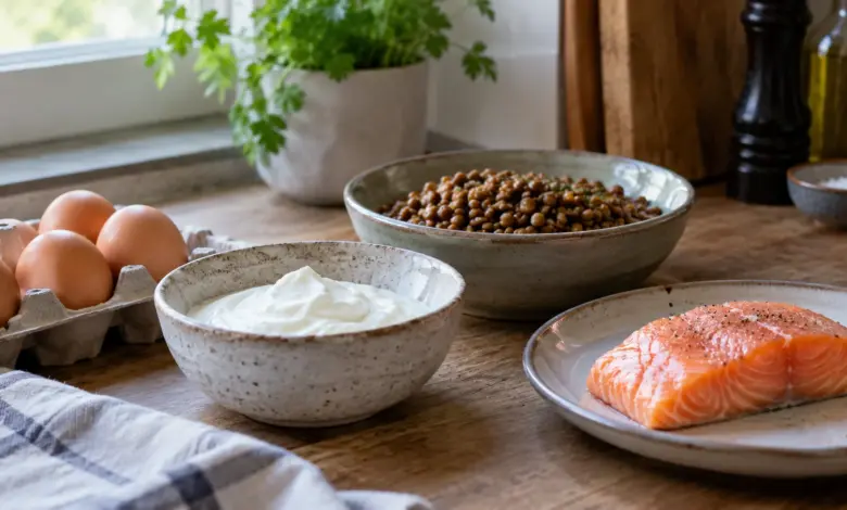 Eier, Quark, Linsen und Fisch auf einer Küchenarbeitsplatte [Bildinhalt mit KI erstellt]