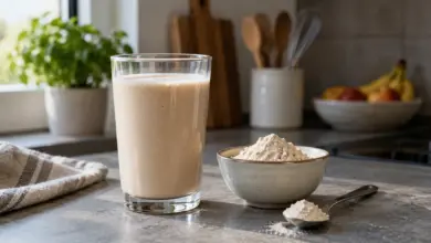 Glas mit hellem Proteinshake neben einer Schale Pulver [Bildinhalt mit KI erstellt]