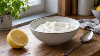 Schale Quark neben einer halben Zitrone [Bildinhalt mit KI erstellt]