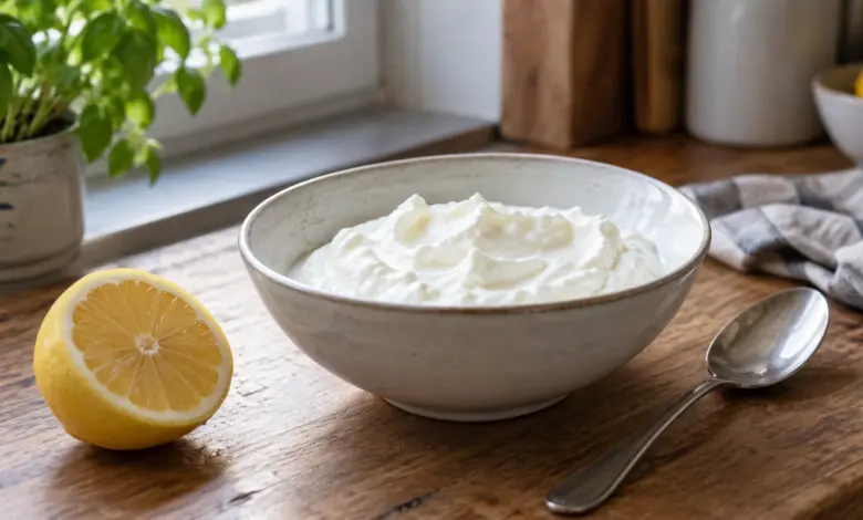 Schale Quark neben einer halben Zitrone [Bildinhalt mit KI erstellt]