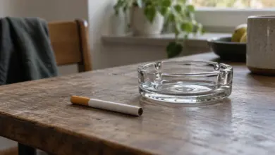 Einzelne unangezündete Zigarette neben einem leeren Aschenbecher [Bildinhalt mit KI erstellt]