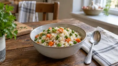 Schale mit Reis, Erbsen und Karotten [Bildinhalt mit KI erstellt]