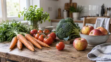 Karotten, Tomaten, Brokkoli und Äpfel auf einem Holztisch [Bildinhalt mit KI erstellt]