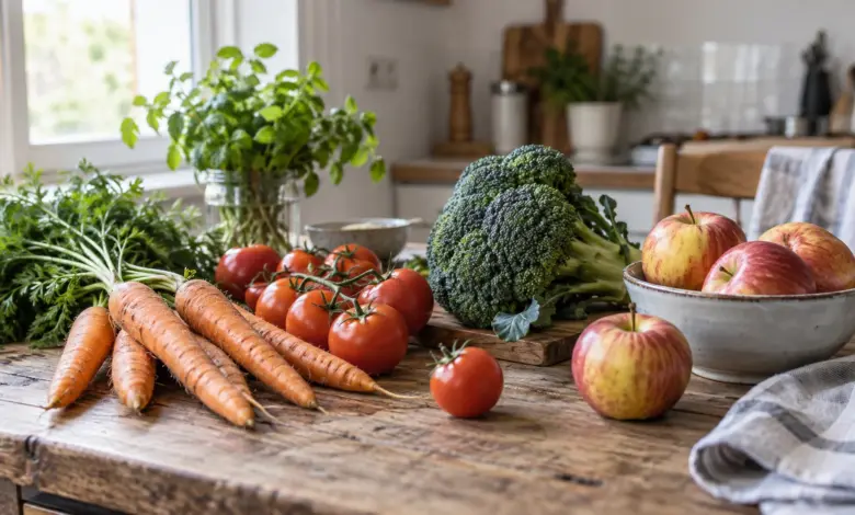 Karotten, Tomaten, Brokkoli und Äpfel auf einem Holztisch [Bildinhalt mit KI erstellt]