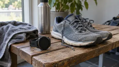 Sportuhr mit dunklem Display neben gebrauchten Laufschuhen [Bildinhalt mit KI erstellt]
