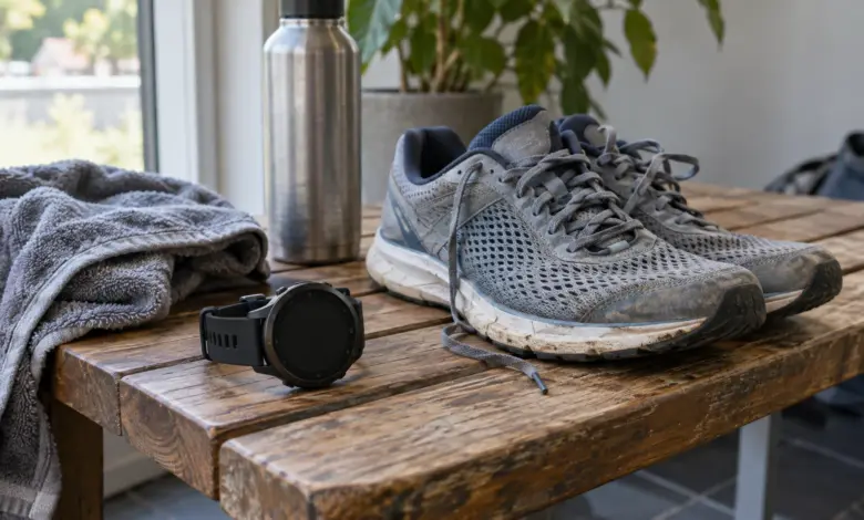 Sportuhr mit dunklem Display neben gebrauchten Laufschuhen [Bildinhalt mit KI erstellt]