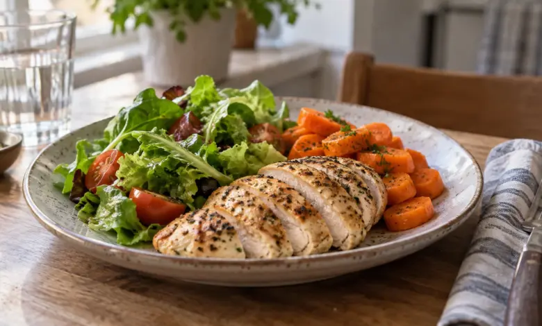 Teller mit gebratenem Hähnchen, Blattsalat und Gemüse [Bildinhalt mit KI erstellt]