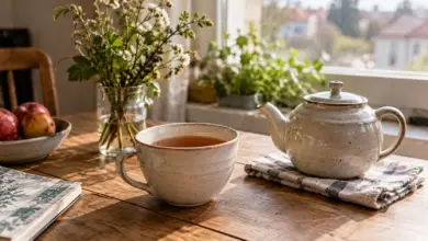 Tasse Tee neben einer Teekanne auf einem schlichten Tisch [Bildinhalt mit KI erstellt]