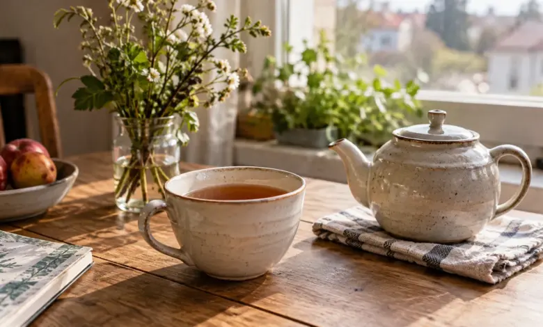Tasse Tee neben einer Teekanne auf einem schlichten Tisch [Bildinhalt mit KI erstellt]