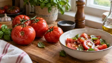 Reife rote Tomaten neben einer Schale Tomatensalat mit Basilikum [Bildinhalt mit KI erstellt]