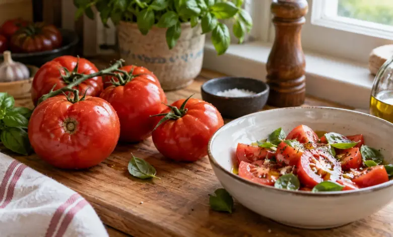 Reife rote Tomaten neben einer Schale Tomatensalat mit Basilikum [Bildinhalt mit KI erstellt]