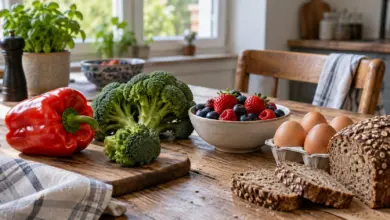 Paprika, Brokkoli, Beeren und Eier auf einem Küchentisch [Bildinhalt mit KI erstellt]