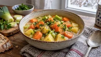 Dampfender Eintopf mit Möhren, Lauch und Kartoffeln in einer Schale [Bildinhalt mit KI erstellt]