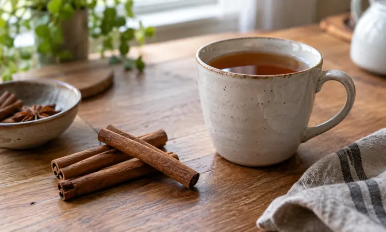 Zimtstangen neben einer Tasse Tee auf einem Holztisch [Bildinhalt mit KI erstellt]