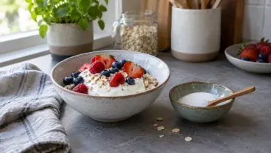 Naturjoghurt, Haferflocken und Beeren neben einer kleinen Schale Zucker [Bildinhalt mit KI erstellt]