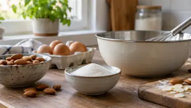 Kleine Schale mit weißen Kristallen neben Backzutaten [Bildinhalt mit KI erstellt]