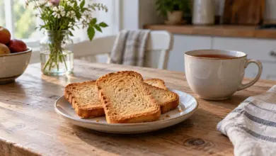 Mehrere Scheiben Zwieback neben einer Tasse Tee [Bildinhalt mit KI erstellt]