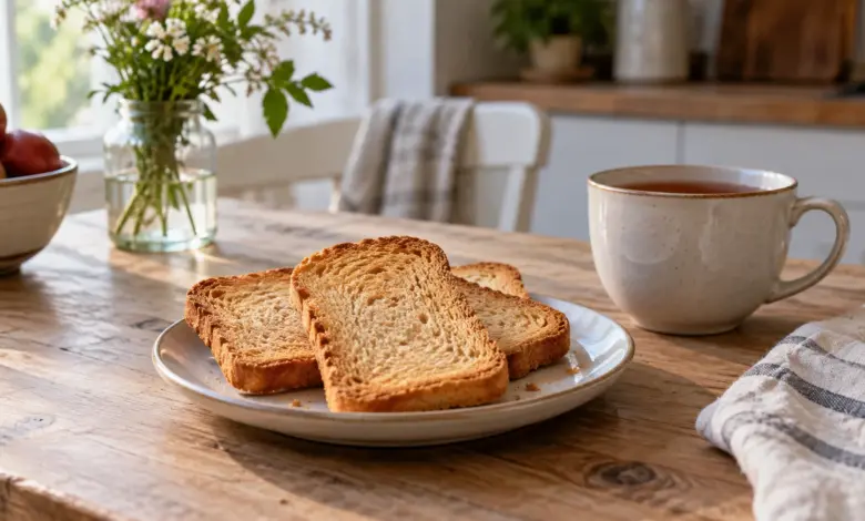 Mehrere Scheiben Zwieback neben einer Tasse Tee [Bildinhalt mit KI erstellt]